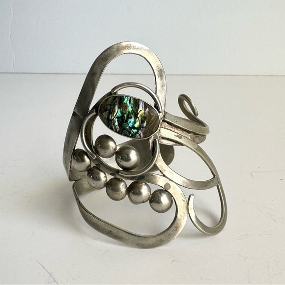 Vintage Abalone Shell Bracelet Artisan Freeform Silver Large Cuff MCM Modernist - Picture 3 of 16